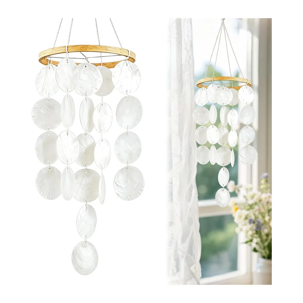Carillon à vent en coquillages Capiz - Blanc - 73 cm - Décoration bohème à suspendre pour