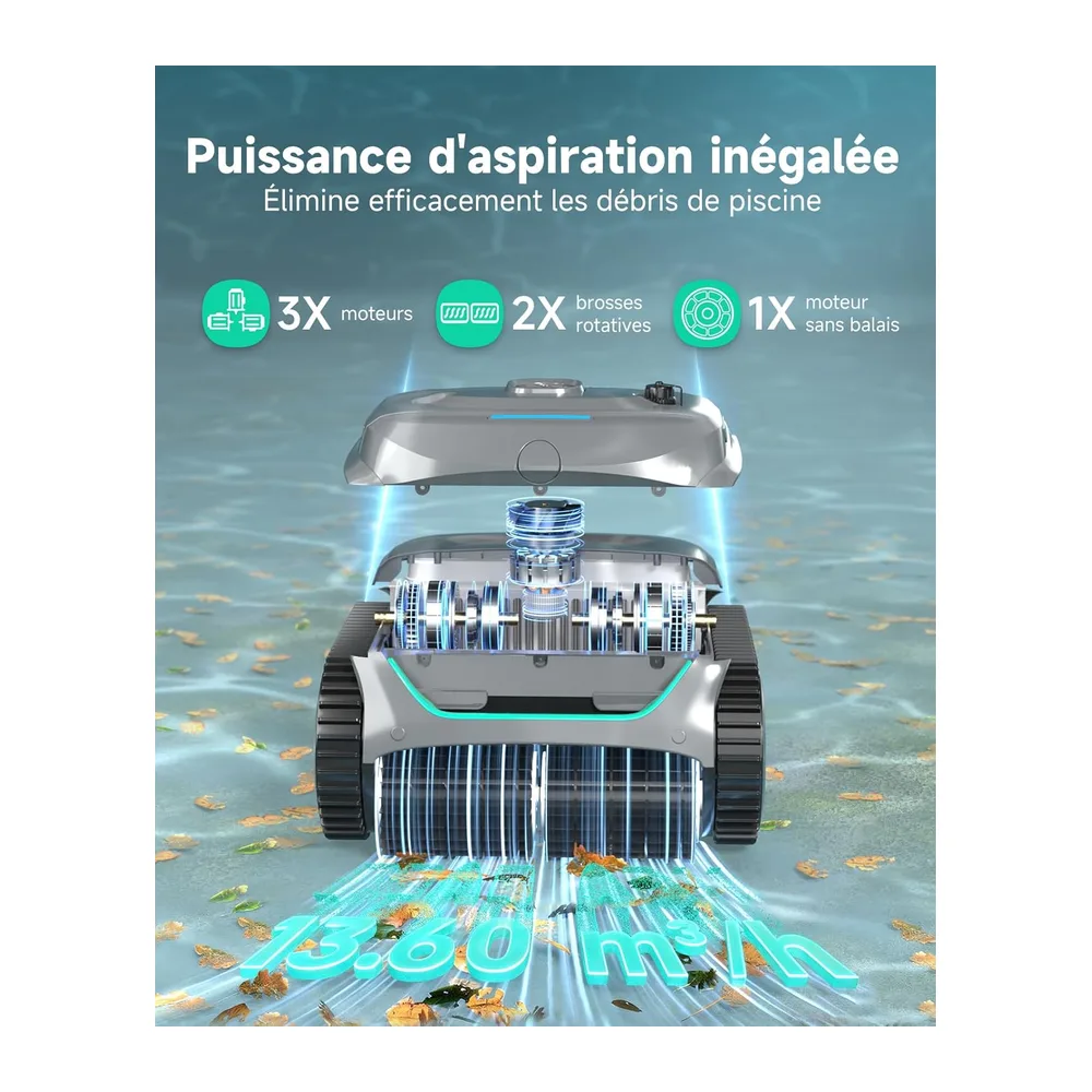 WYBOT C2 Robot Piscine sans Fil, Double Filtration, 3 Moteurs, Aspiration Puissante