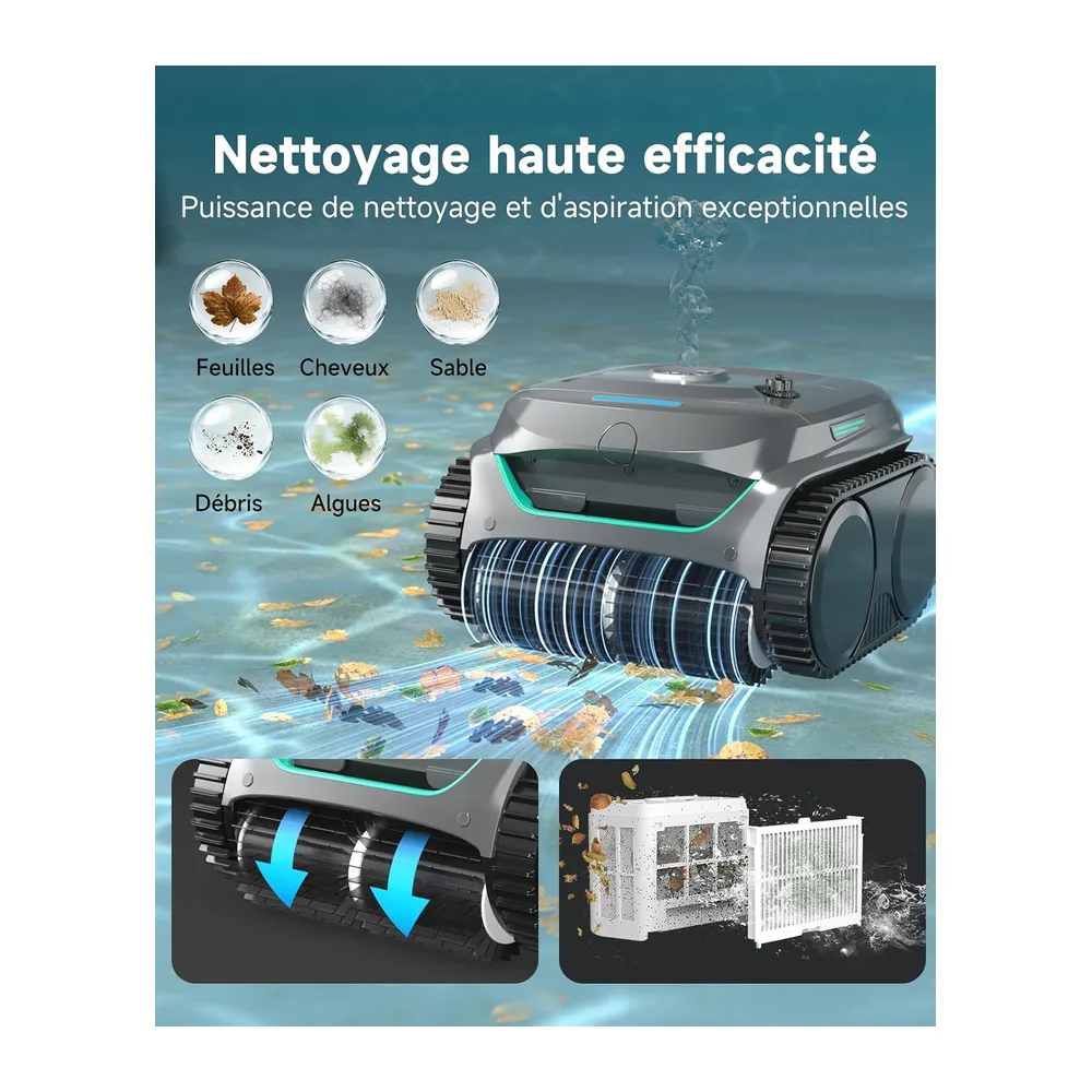 WYBOT C2 Robot Piscine sans Fil, Double Filtration, 3 Moteurs, Aspiration Puissante