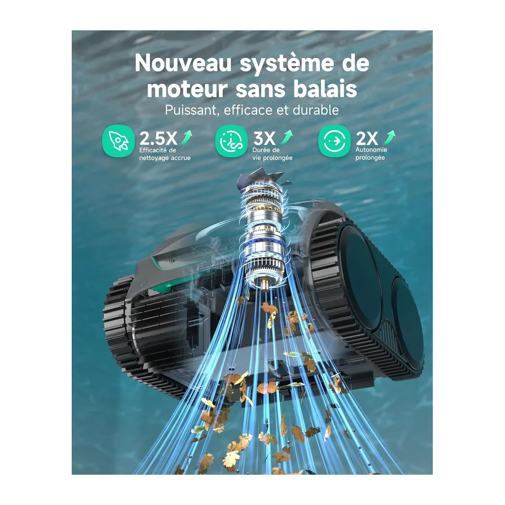 WYBOT C2 Robot Piscine sans Fil, Double Filtration, 3 Moteurs, Aspiration Puissante