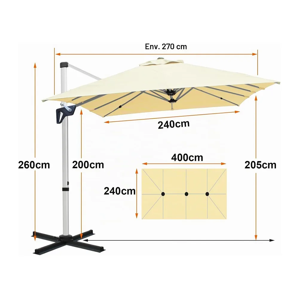 RANSENERS Parasol Déporté 400 x 240 cm Rectangulaire, 12 Baleines, Rotatif 360°
