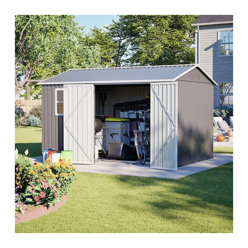 KOMHTOM Abri de Jardin en Acier Galvanisé (10x8 FT-Gris)