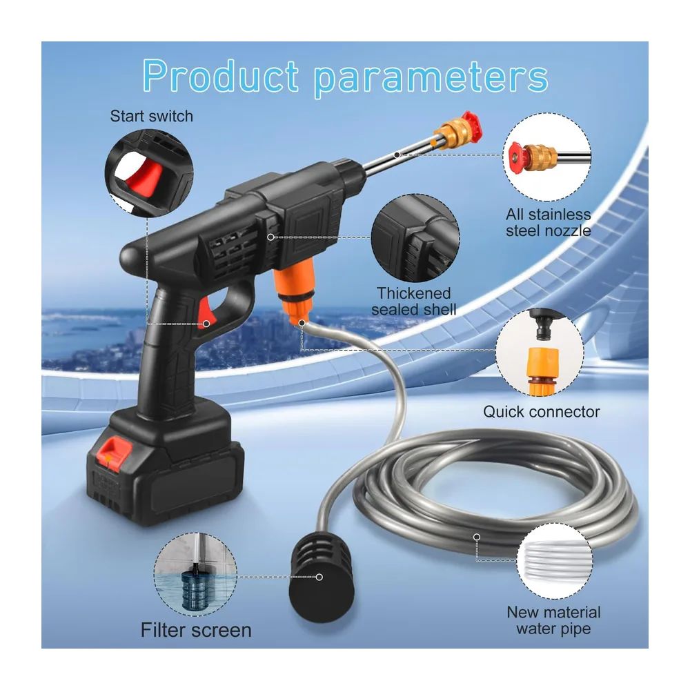 Nettoyeur Haute Pression sans Fil Portable Max 90 Bar avec 2 Batteries, Buse
