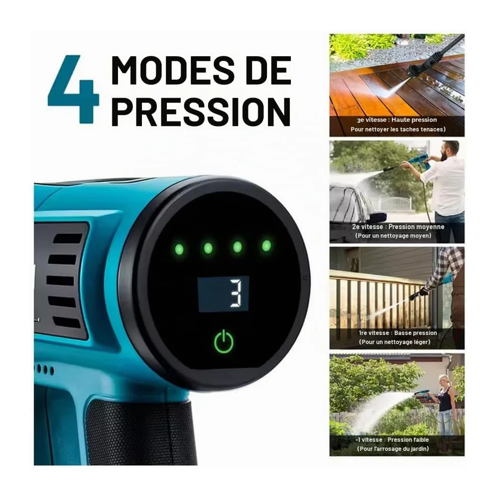 Nettoyeur Haute Pression sans Fil, Pressure Washer 4 Modes Max 120 Bars, Nettoyeur Haute