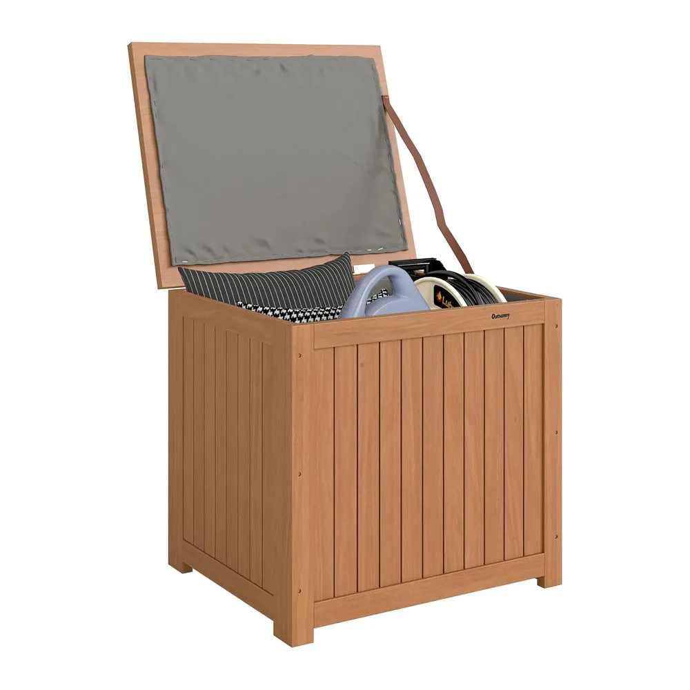 Outsunny Coffre de Rangement en Bois Massif 130L Balcon 63x51x58,5cm Brun