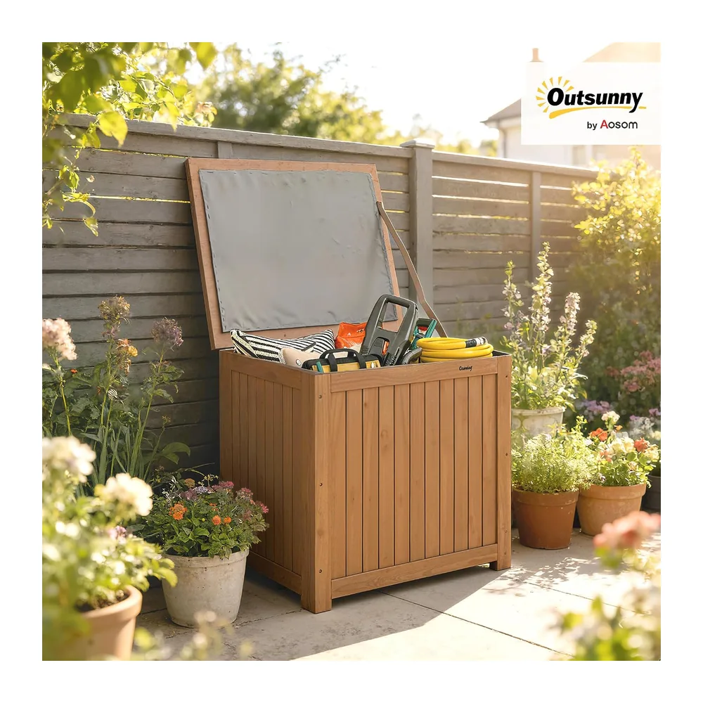 Outsunny Coffre de Rangement en Bois Massif 130L Balcon 63x51x58,5cm Brun