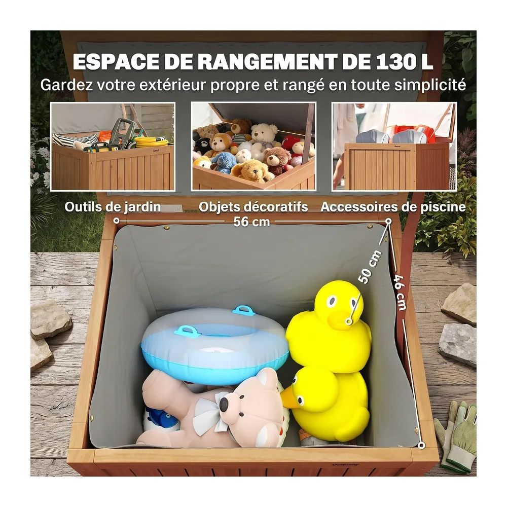 Outsunny Coffre de Rangement en Bois Massif 130L Balcon 63x51x58,5cm Brun