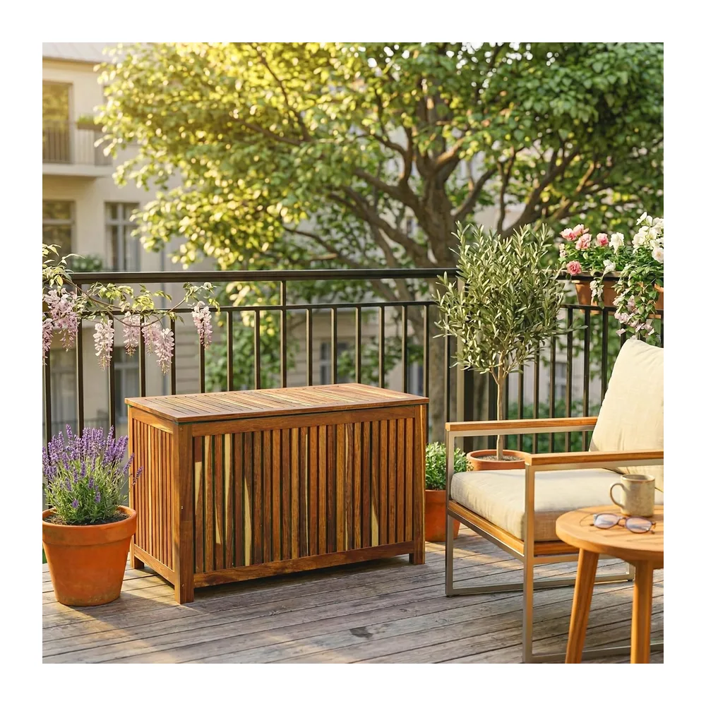 Relaxdays Coffre de Jardin, Coussin, Outils, 60x90x50 cm, Acacia Naturel