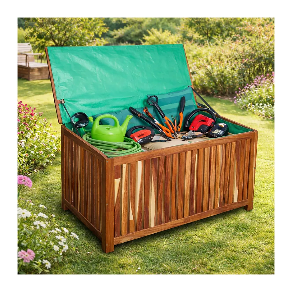 Relaxdays Coffre de Jardin, Coussin, Outils, 60x90x50 cm, Acacia Naturel