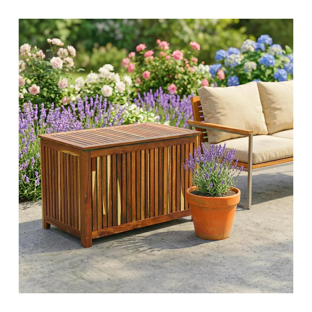 Relaxdays Coffre de Jardin, Coussin, Outils, 60x90x50 cm, Acacia Naturel
