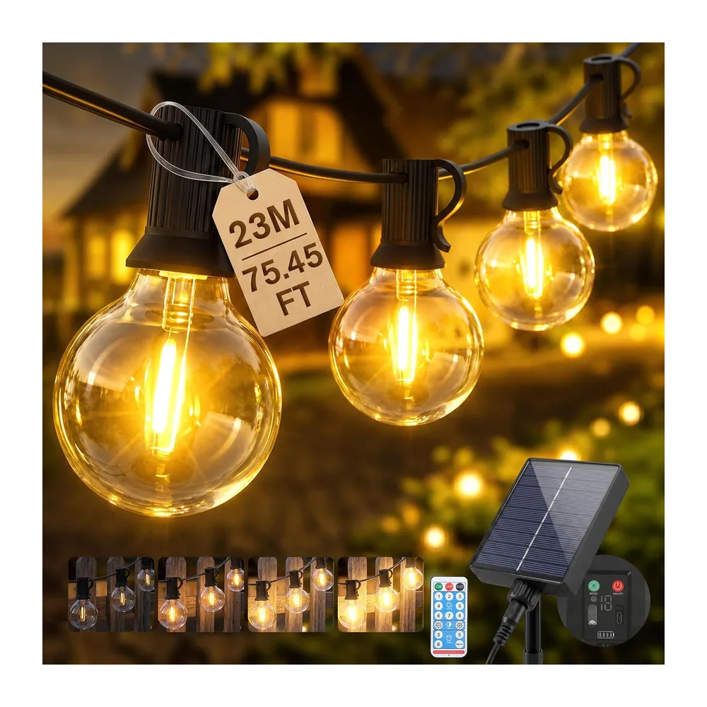 SALCAR Guirlande lumineuse solaire d'extérieur - 23 m - Étanche - 30 + 1 ampoules G40