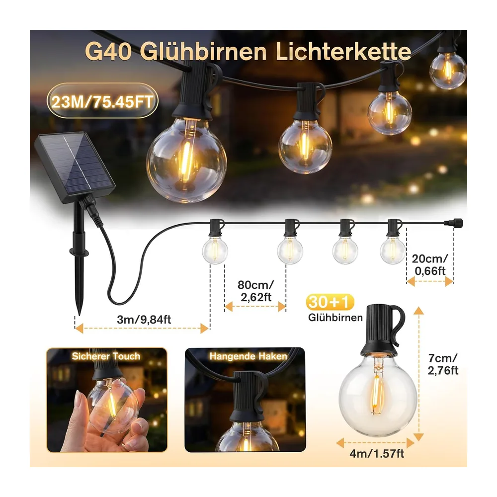 SALCAR Guirlande lumineuse solaire d'extérieur - 23 m - Étanche - 30 + 1 ampoules G40