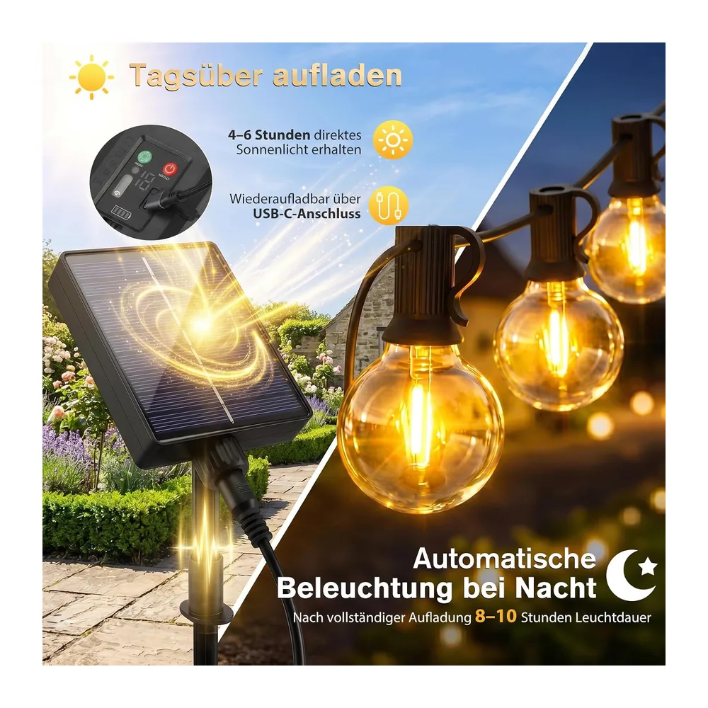 SALCAR Guirlande lumineuse solaire d'extérieur - 23 m - Étanche - 30 + 1 ampoules G40