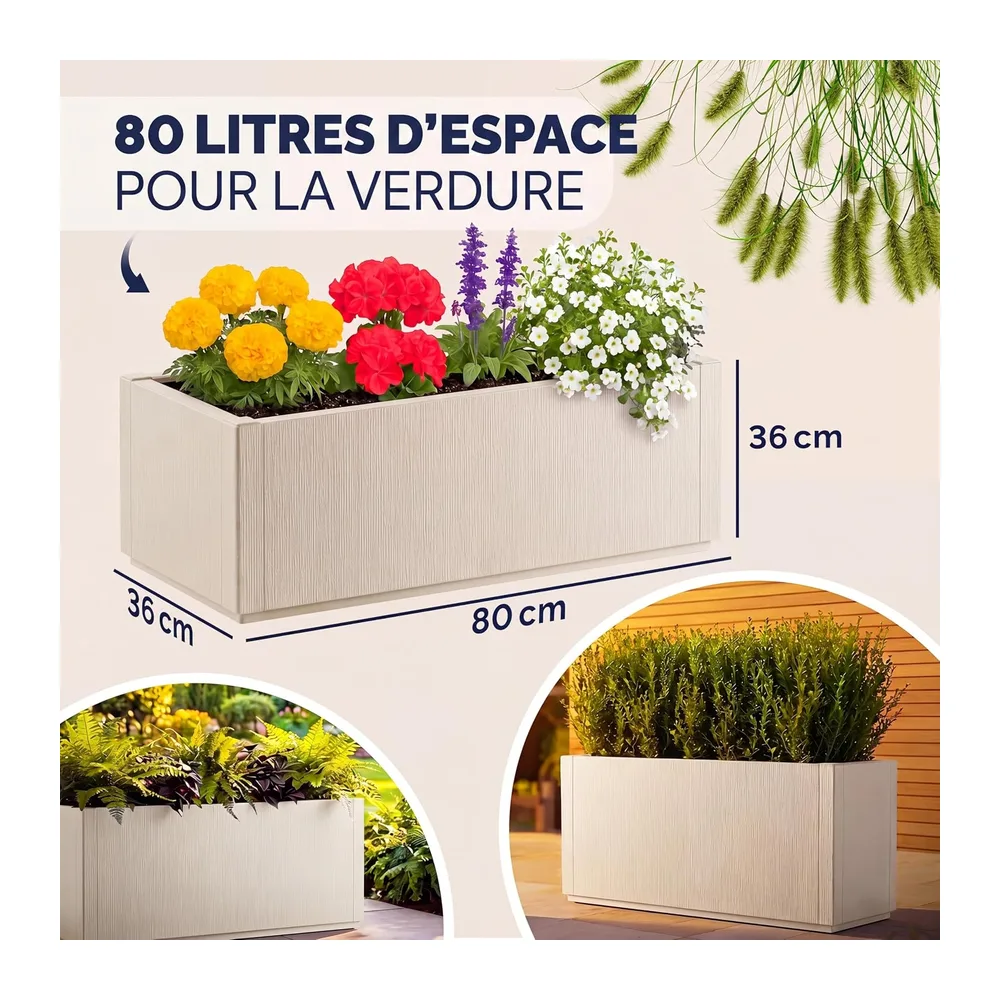 Casaria® 2X Jardinière Ethica Blanc Craie 80x36x36cm 80L résistante Fond d'écoulement Bac