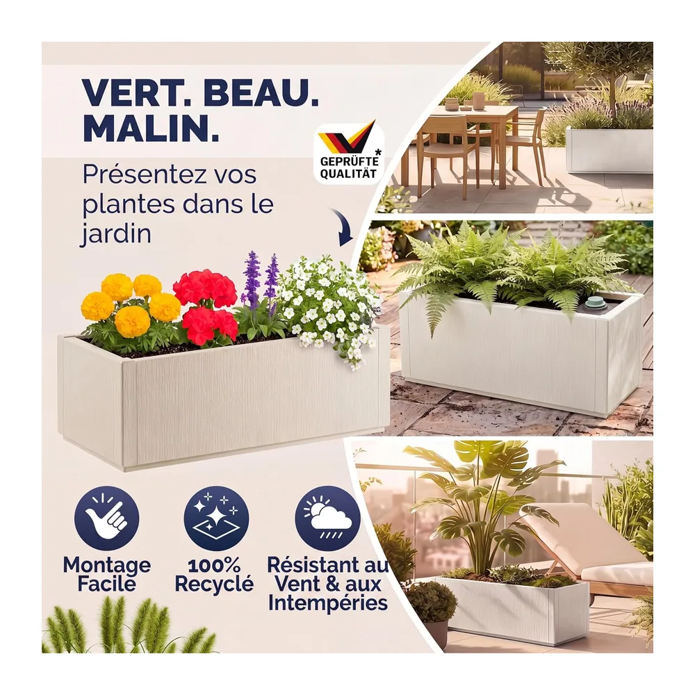 Casaria® 2X Jardinière Ethica Blanc Craie 80x36x36cm 80L résistante Fond d'écoulement Bac