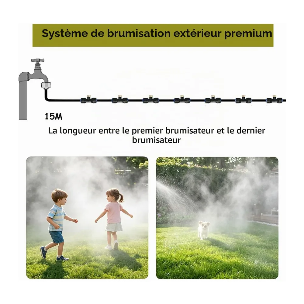 Système de brumisation extérieur 15M – Kit d'irrigation et de refroidissement par