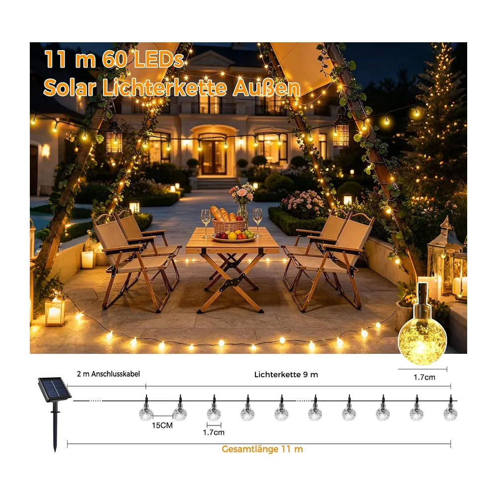 HeiPard Guirlande lumineuse solaire d'extérieur 11m 60LEDs, étanche IP65, 8 modes