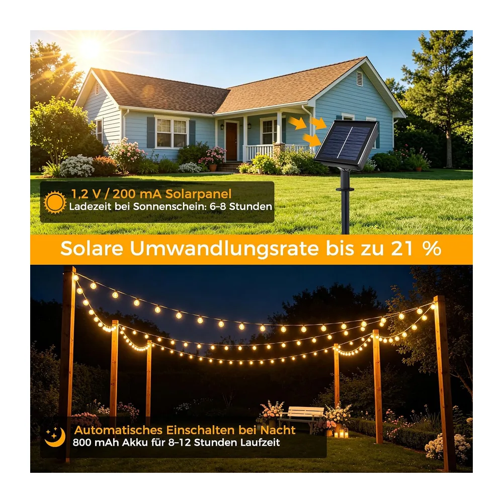 HeiPard Guirlande lumineuse solaire d'extérieur 11m 60LEDs, étanche IP65, 8 modes