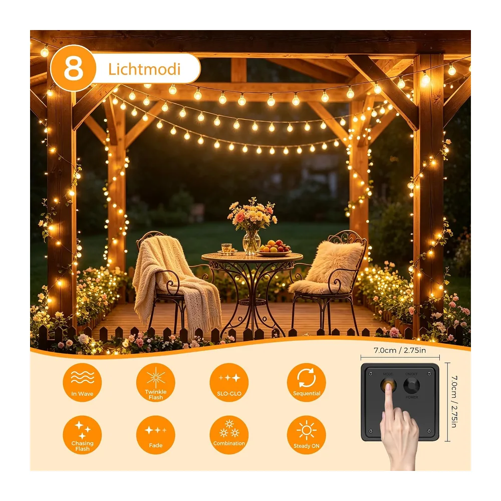 HeiPard Guirlande lumineuse solaire d'extérieur 11m 60LEDs, étanche IP65, 8 modes