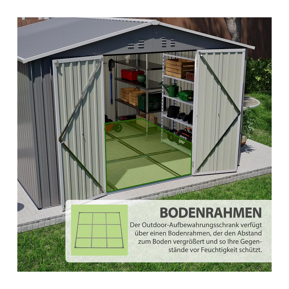 Abri de jardin en acier de 3 x 3 m avec cadre de sol, portes verrouillables et revêtement