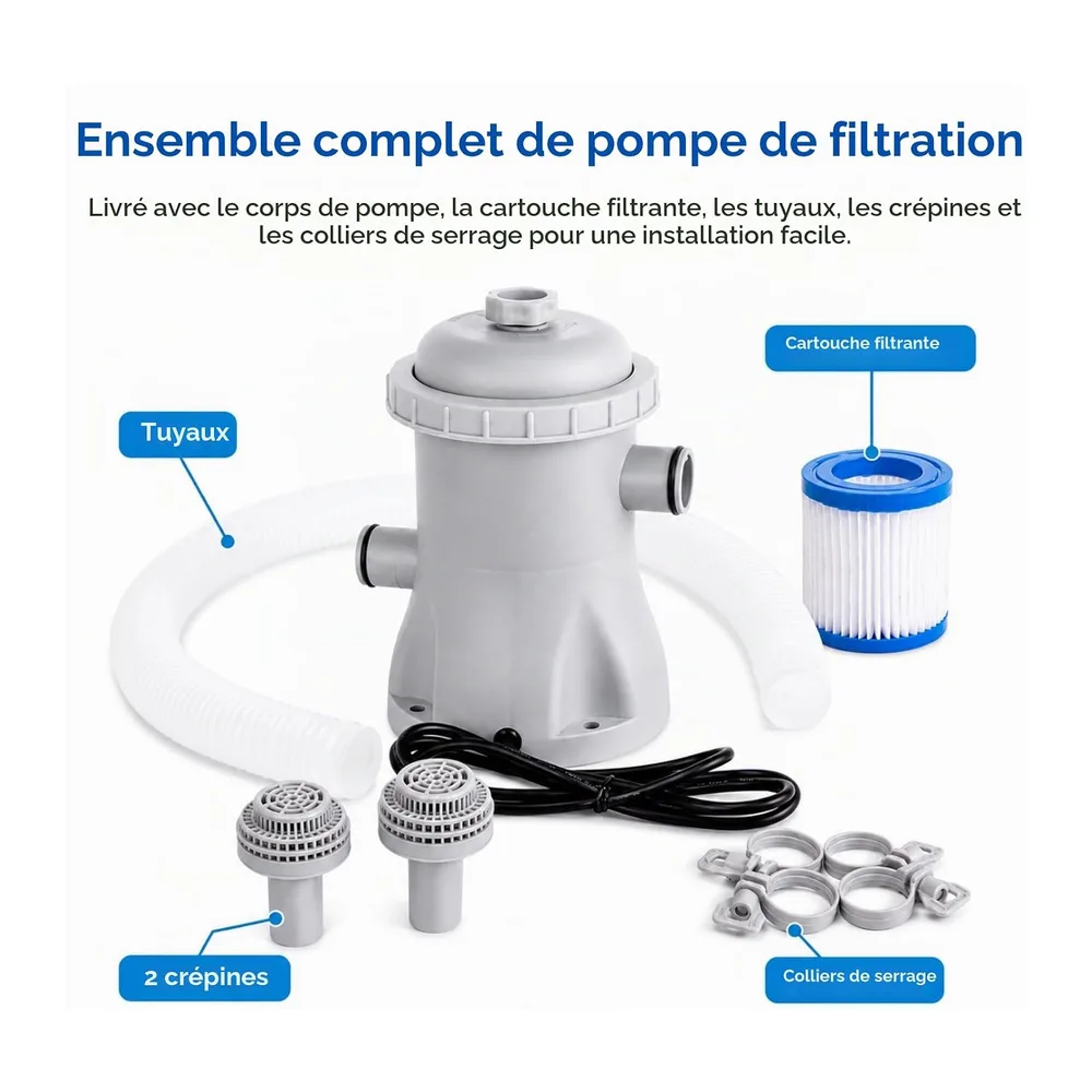 Pompe Filtration Piscine Hors Sol 330 GPH, 16 W avec tuyau – Circulation d'eau claire