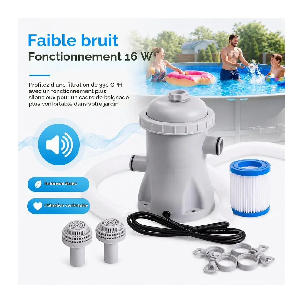 Pompe Filtration Piscine Hors Sol 330 GPH, 16 W avec tuyau – Circulation d'eau claire