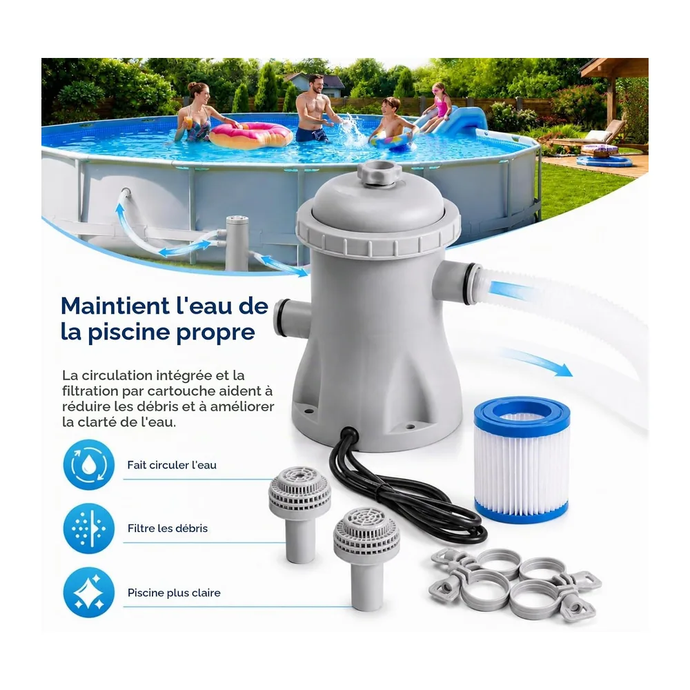 Pompe Filtration Piscine Hors Sol 330 GPH, 16 W avec tuyau – Circulation d'eau claire