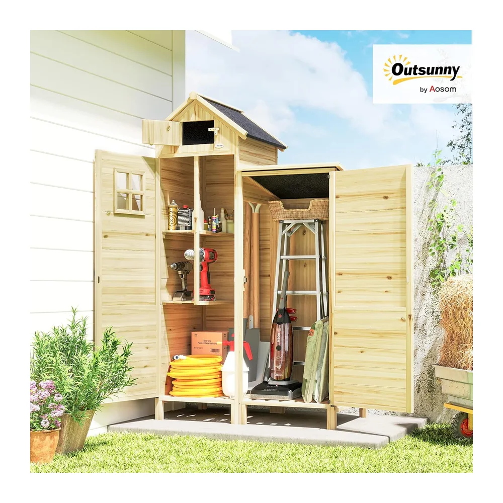 Outsunny Armoire de Jardin en Bois avec Toit en Asphalte Robuste Naturel