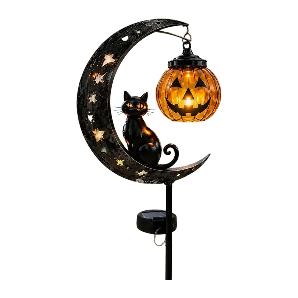HshDUti Lampe solaire d'Halloween en forme de chat noir et citrouille - Décoration de