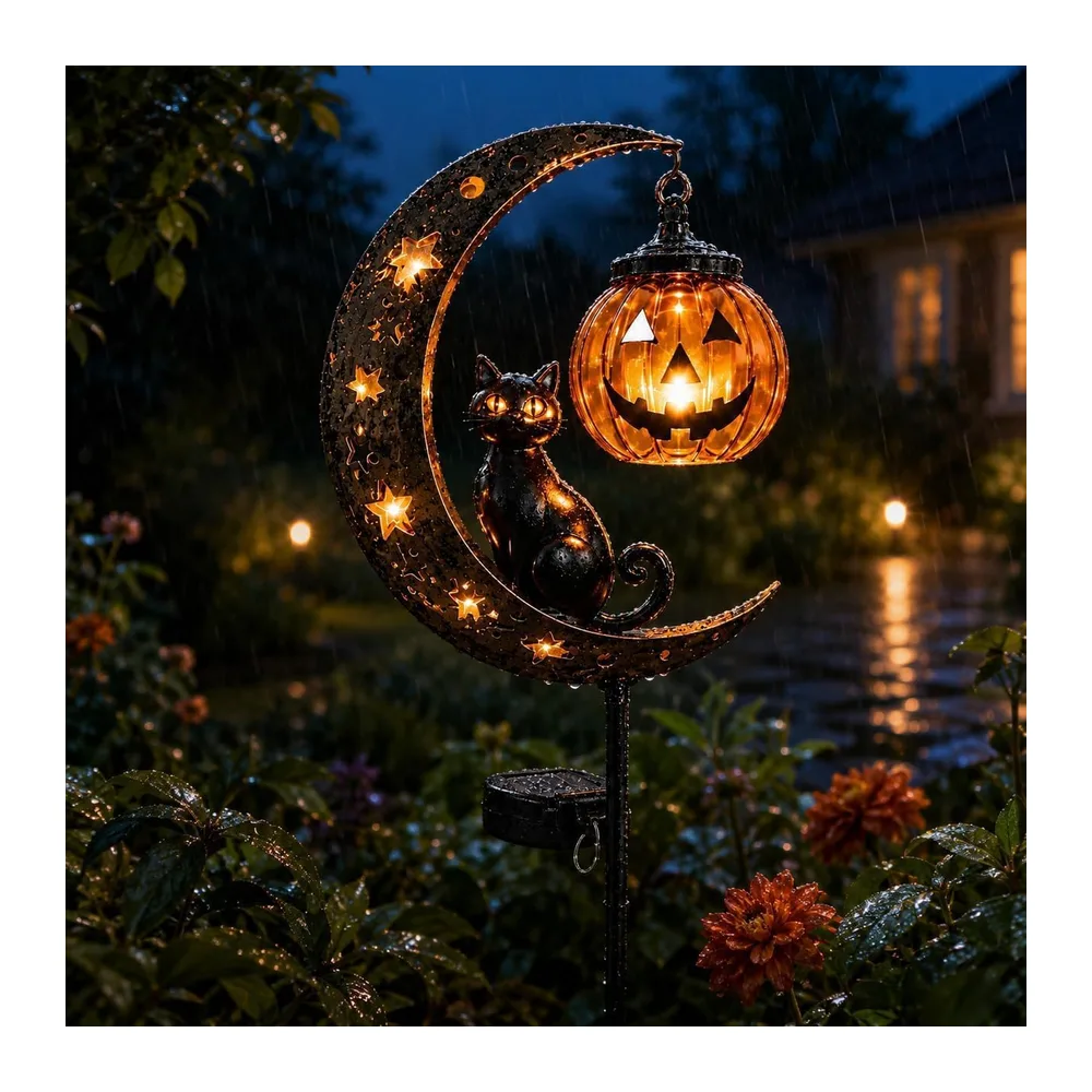 HshDUti Lampe solaire d'Halloween en forme de chat noir et citrouille - Décoration de