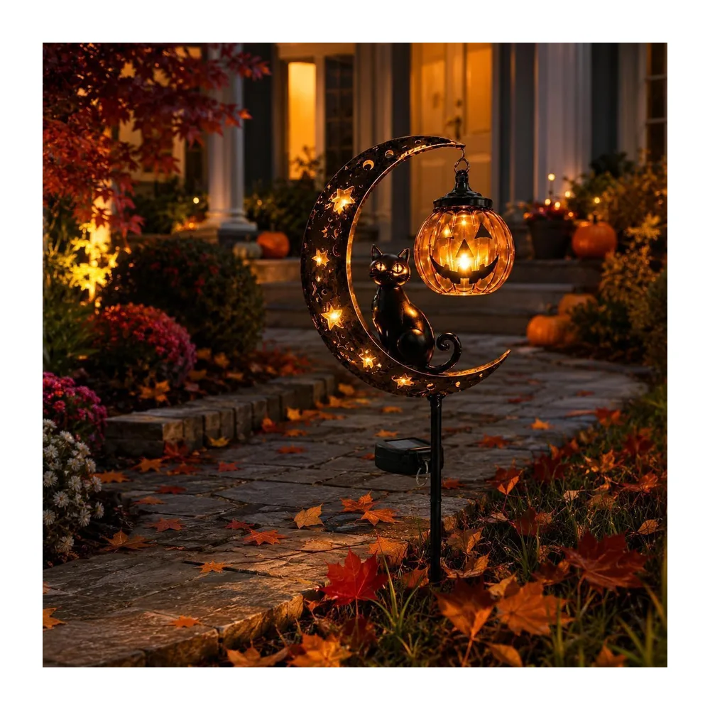 HshDUti Lampe solaire d'Halloween en forme de chat noir et citrouille - Décoration de