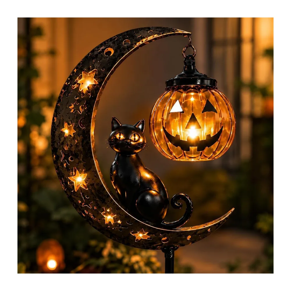HshDUti Lampe solaire d'Halloween en forme de chat noir et citrouille - Décoration de