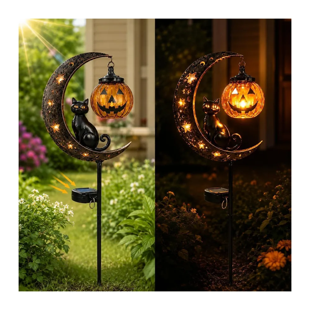 HshDUti Lampe solaire d'Halloween en forme de chat noir et citrouille - Décoration de