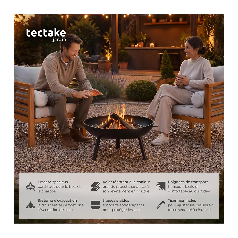 tectake® Brasero extérieur Ø 57,5 cm, Acier thermolaqué résistant de 2,5 mm