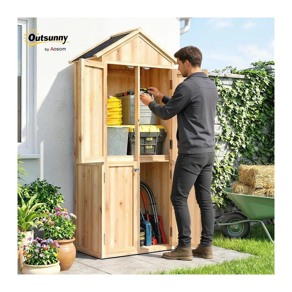 Outsunny Armoire de Jardin en Bois avec 4 Portes et 190cm Bois Naturel