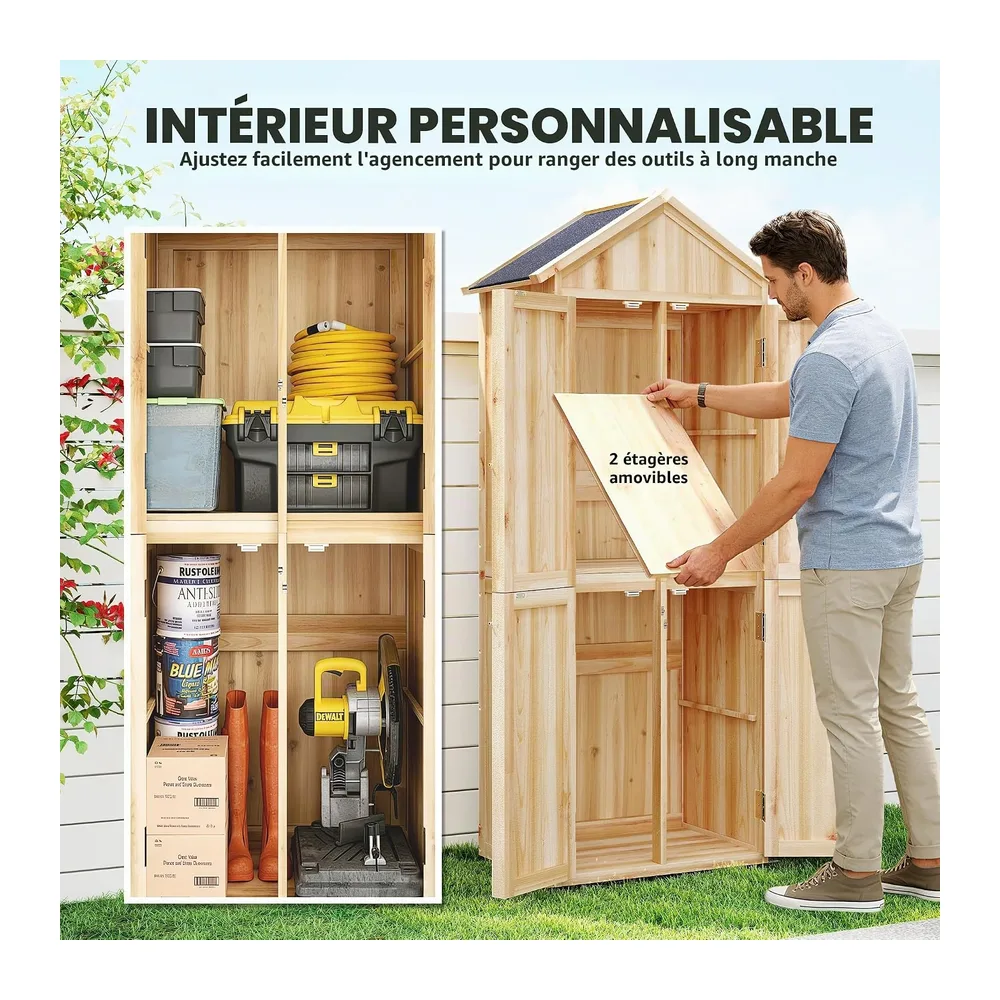 Outsunny Armoire de Jardin en Bois avec 4 Portes et 190cm Bois Naturel