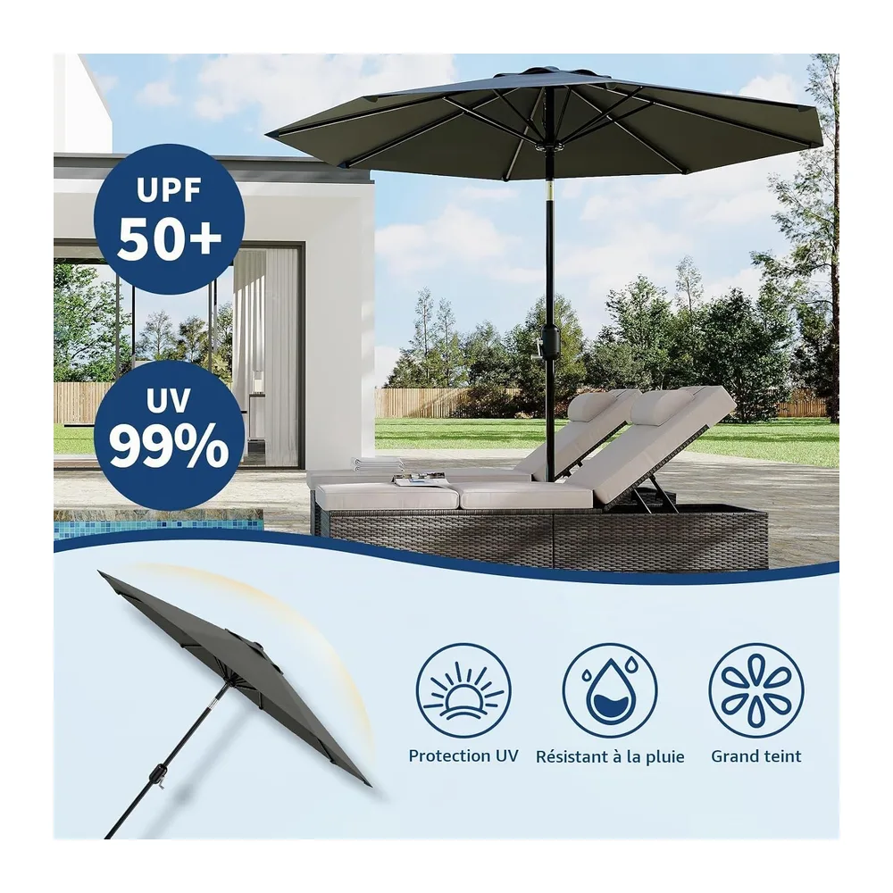 Acekool Parasol De Jardin 270 cm Inclinable, Manivelle, UV, Gris