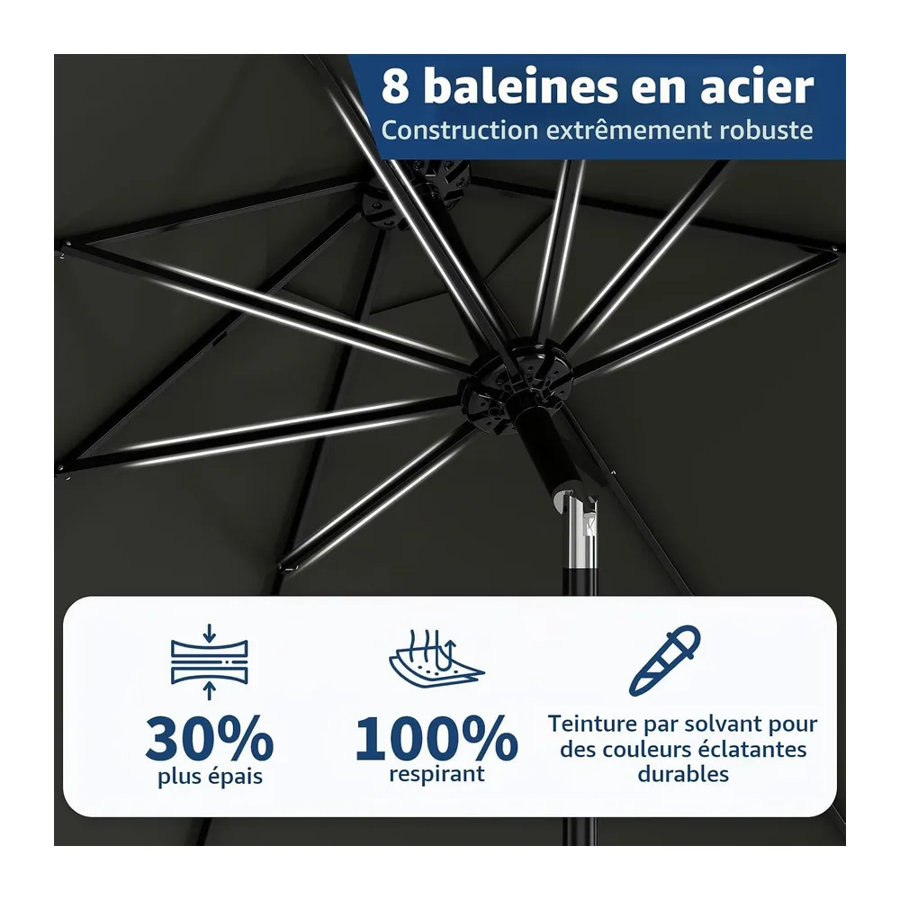Acekool Parasol De Jardin 270 cm Inclinable, Manivelle, UV, Gris