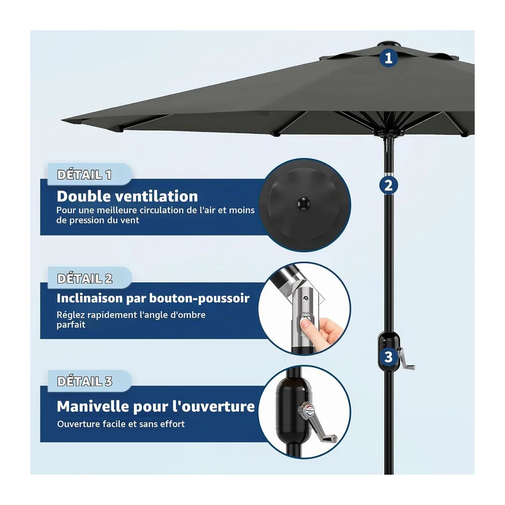 Acekool Parasol De Jardin 270 cm Inclinable, Manivelle, UV, Gris