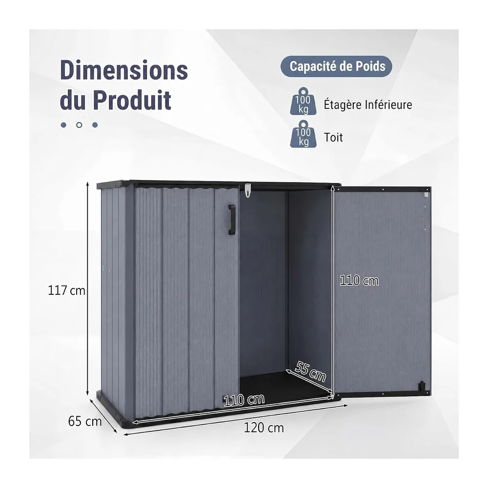 RELAX4LIFE Coffre de Jardin en Résine 660 L Étanche 120x65x117cm (Gris)