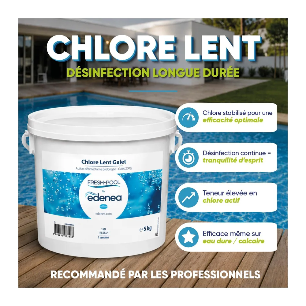 Fresh-Pool - Chlore Lent Piscine Galets 200g - Traitement Permanent - 5kg